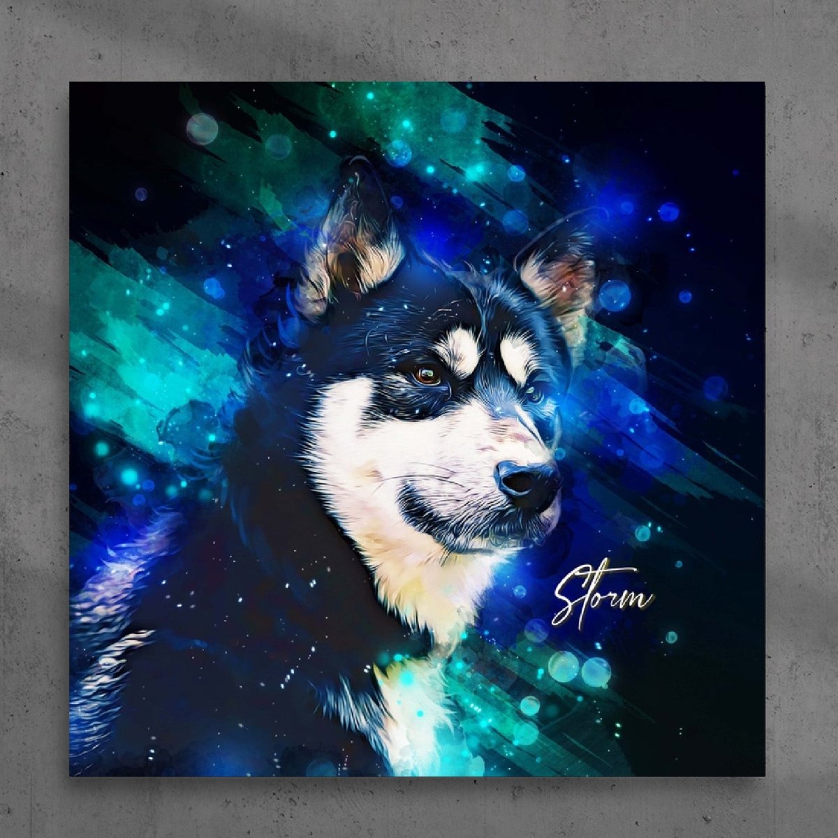 Custom watercolor style pet portrait poster featuring a mixed-breed dog in a modern blue neon aesthetic.