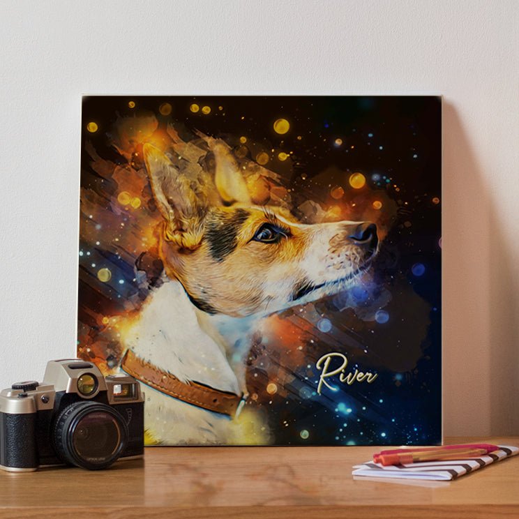 Custom watercolor style pet portrait canvas featuring a terrier in a modern colorful neon aesthetic.