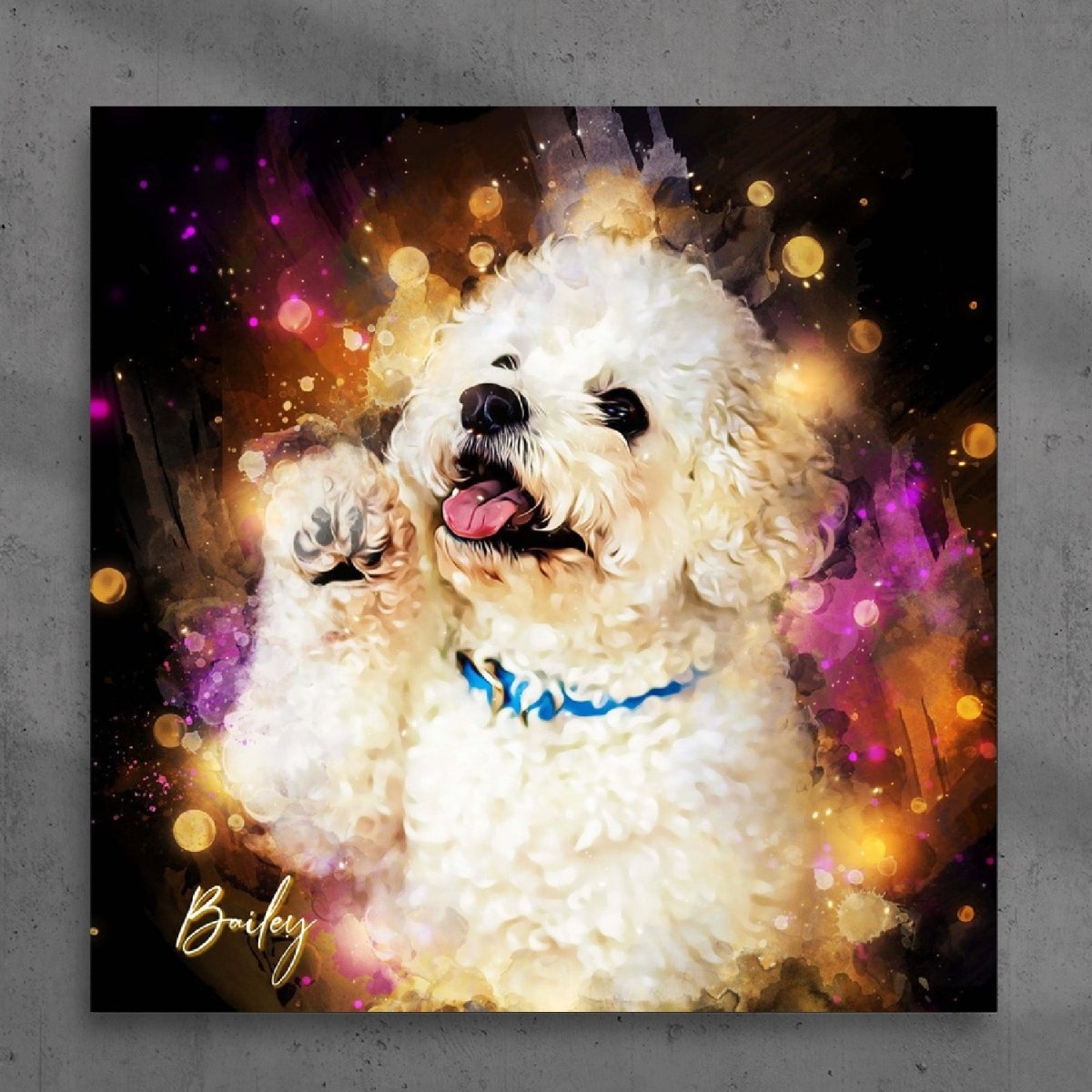 Custom watercolor style pet portrait poster featuring a maltese in a modern colorful neon orange and pink aesthetic.