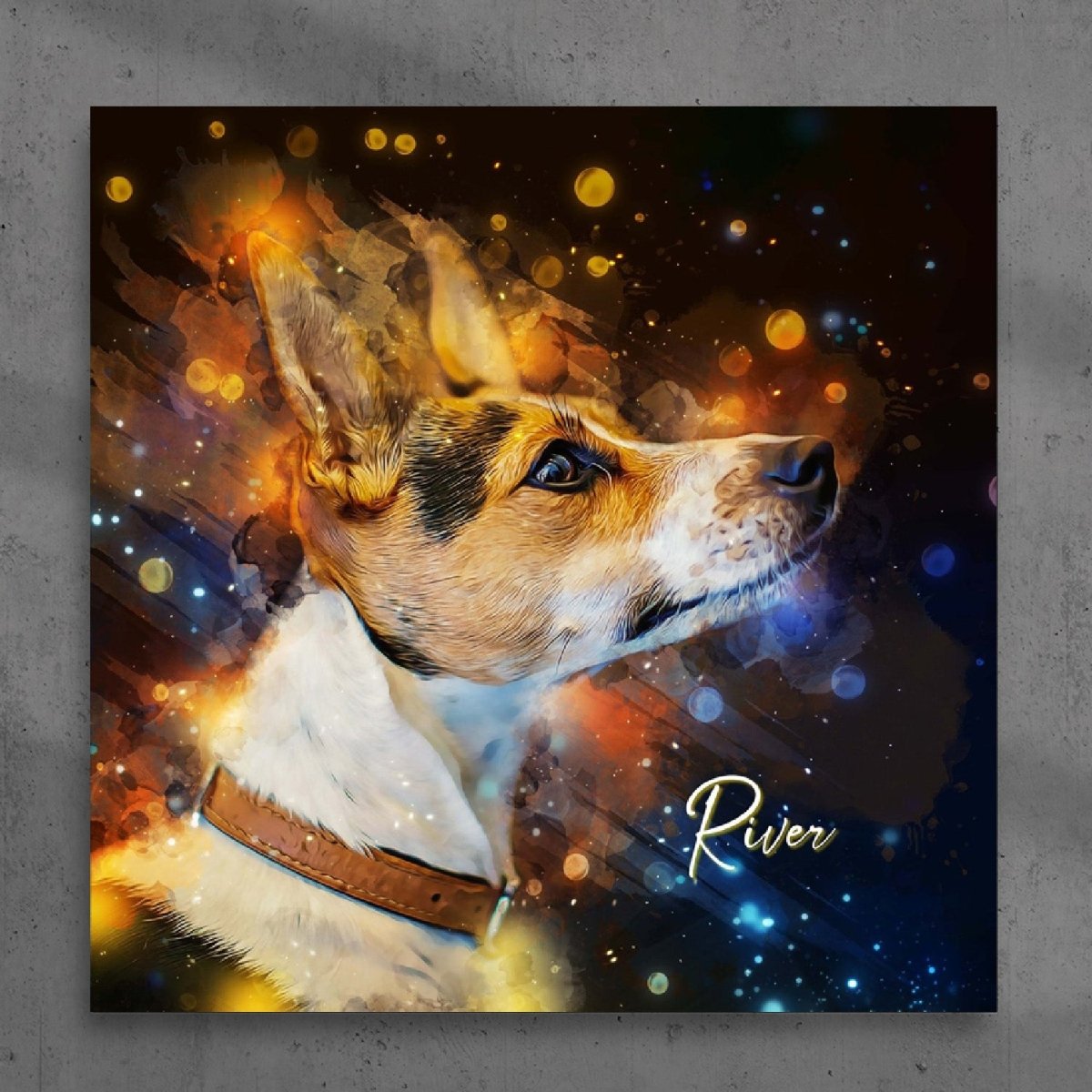Custom watercolor style pet portrait poster featuring a terrier in a modern colorful neon aesthetic.