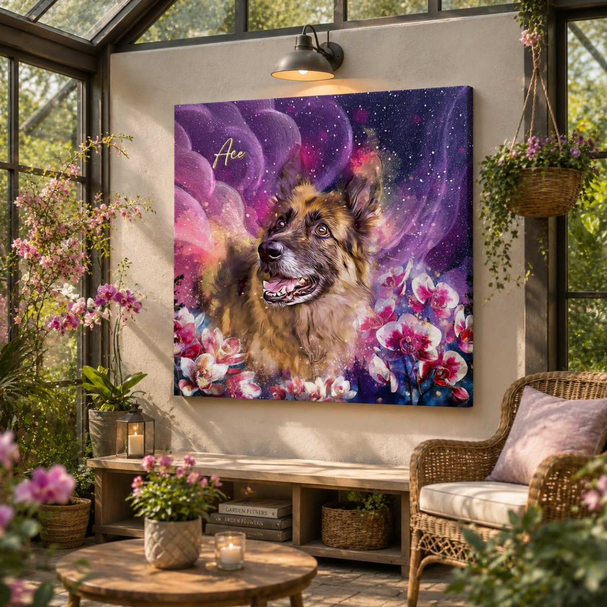 Custom watercolor style pet portrait canvas featuring a german shepherd in a modern Astral Garden design.