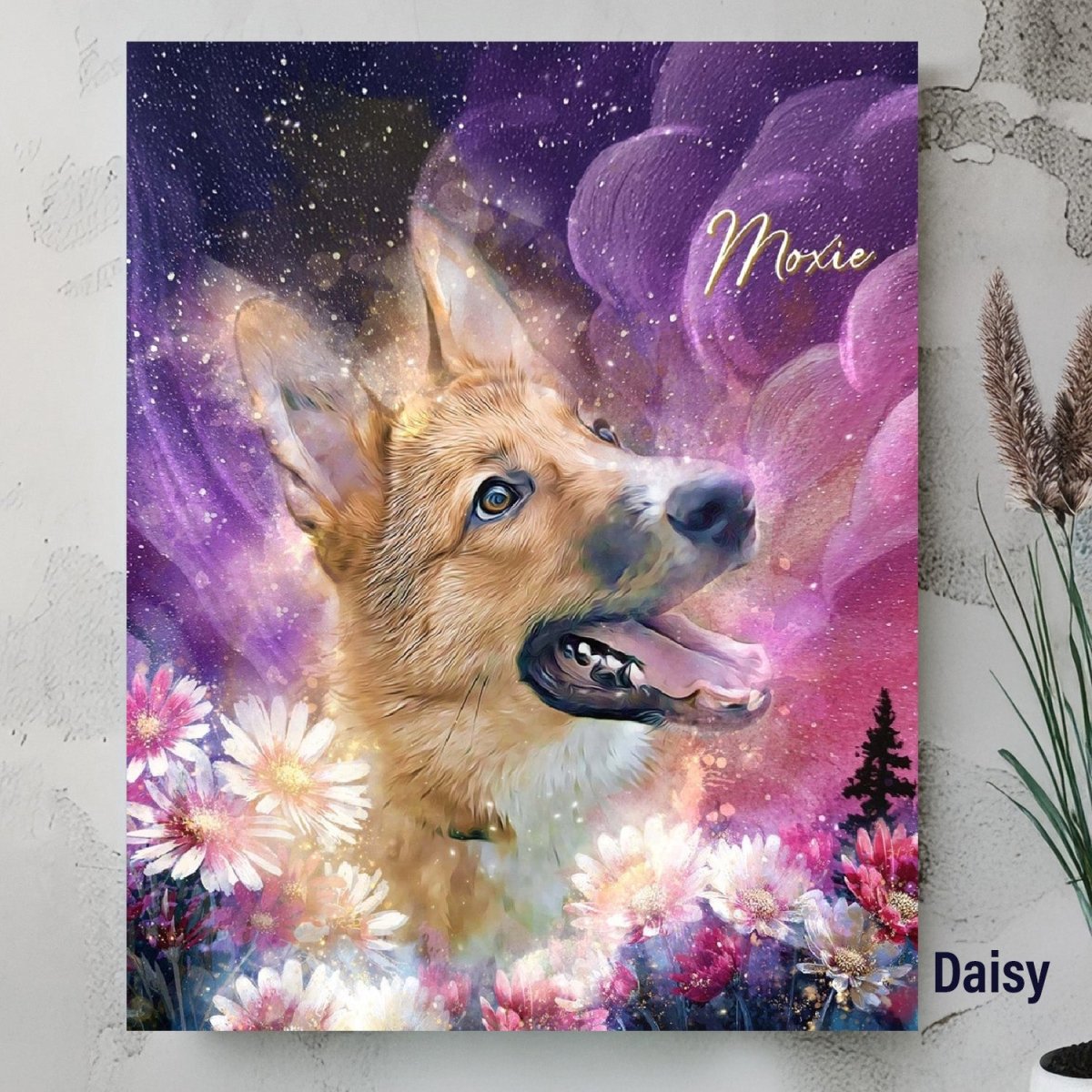 Custom watercolor style pet portrait poster featuring a shepherd in a modern floral Astral Garden daisy design.