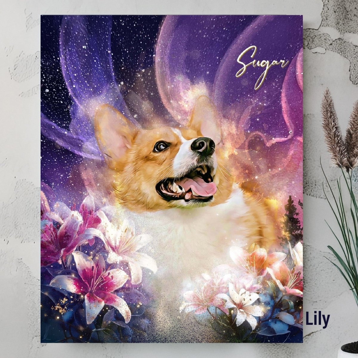 Custom watercolor style pet portrait poster featuring a corgi in a modern Astral Garden lily design.
