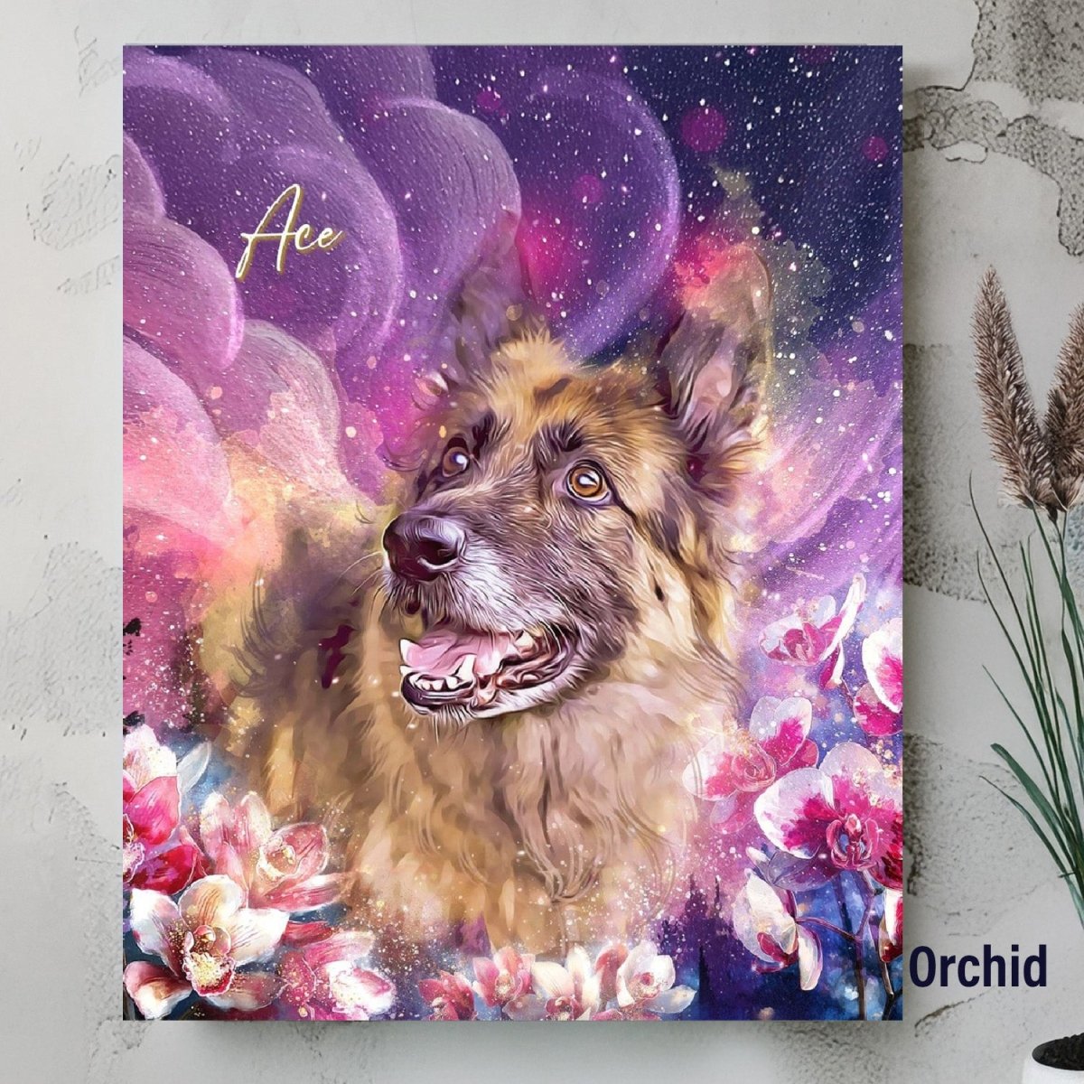 Custom watercolor style pet portrait poster featuring a german shepherd in a modern Astral Garden orchid design.