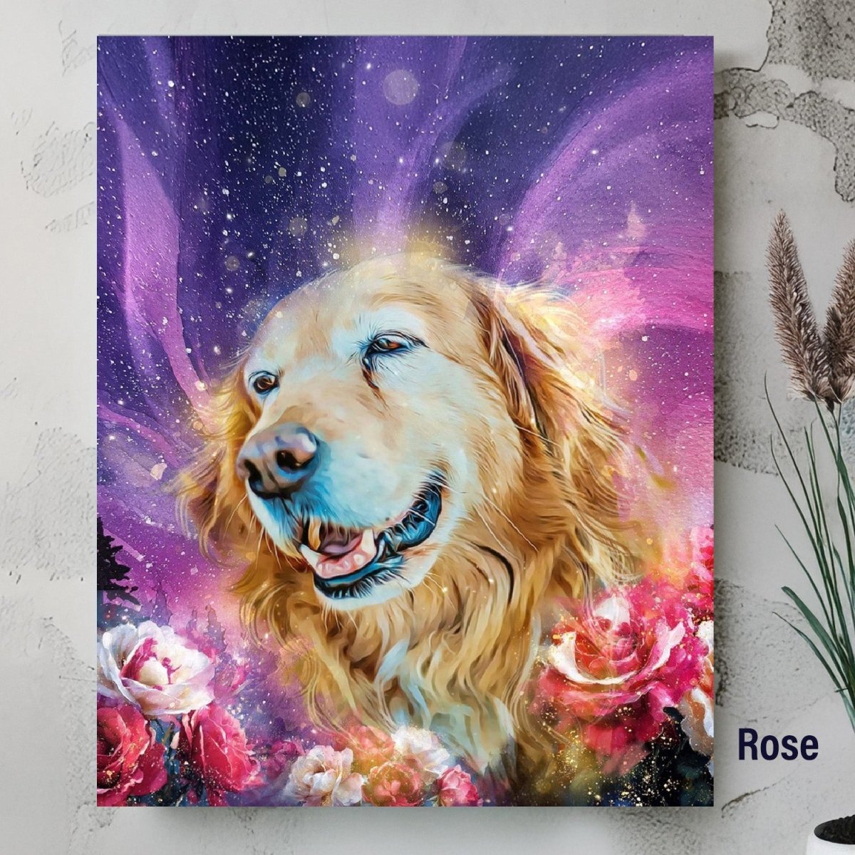 Custom watercolor style pet portrait poster featuring a golden retriever in a modern Astral Garden rose design.
