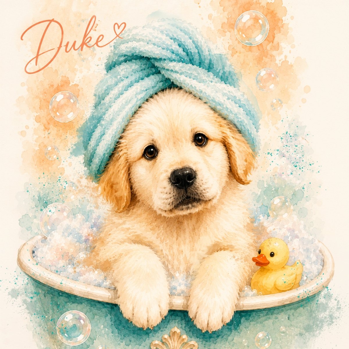 Custom watercolor style pet portrait canvas featuring a golden retriever puppy in a cute Bath Time aesthetic.