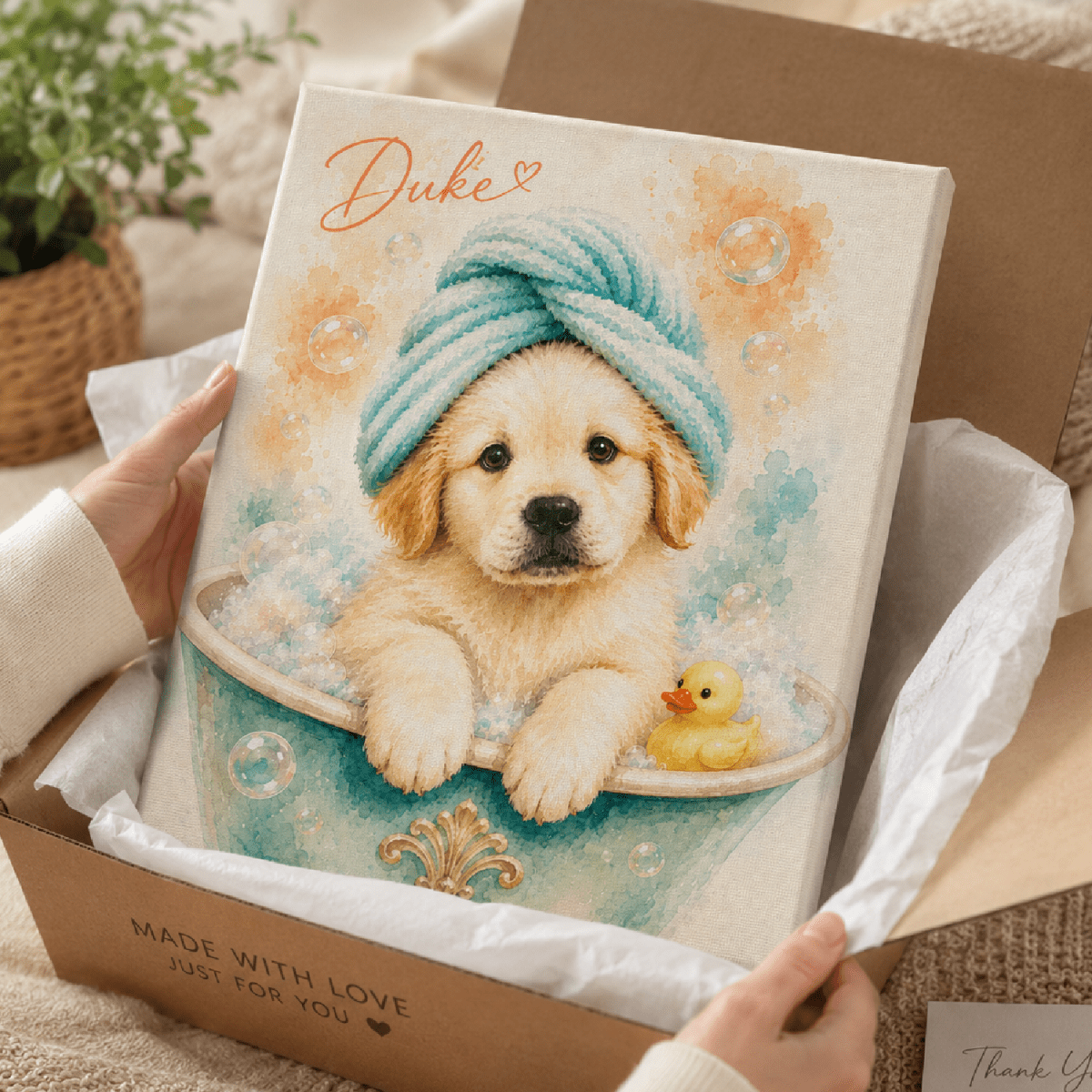 Unboxing of Custom watercolor style pet portrait canvas featuring a golden retriever puppy in a cute Bath Time aesthetic.