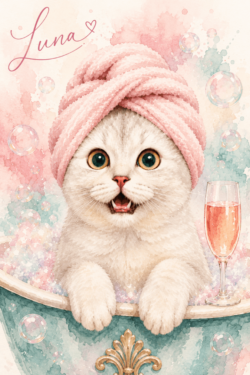 Custom watercolor style pet portrait canvas featuring a kitten in a cute Bath Time aesthetic.