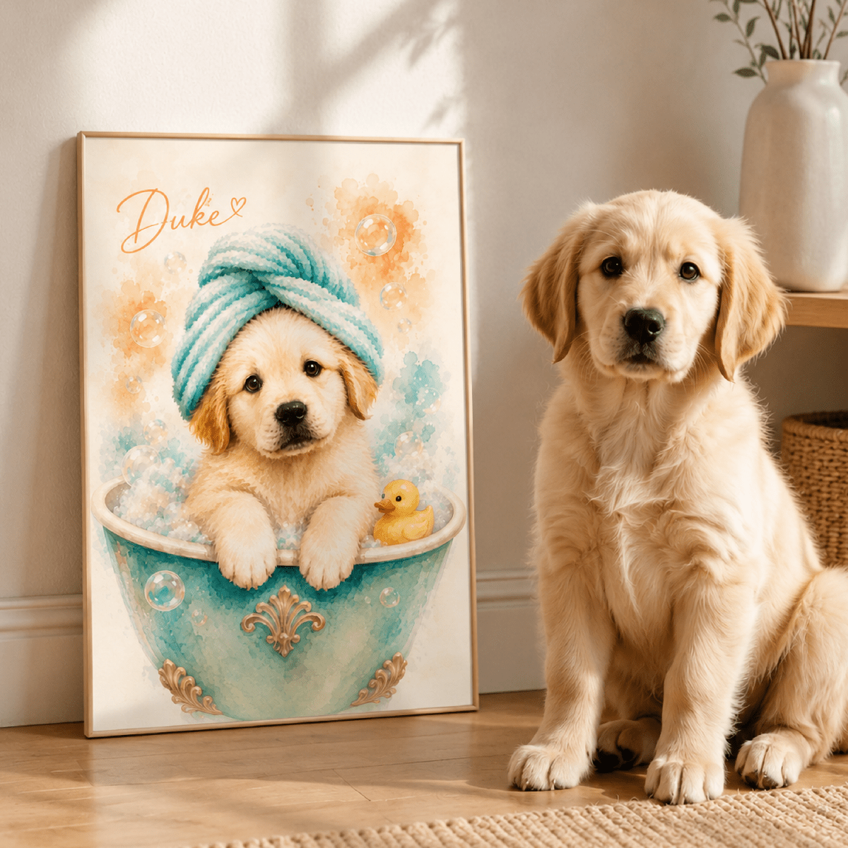 A golden retriever puppy staying with a custom pet portrait poster of golden retriever puppy in Bath Time aesthetic.