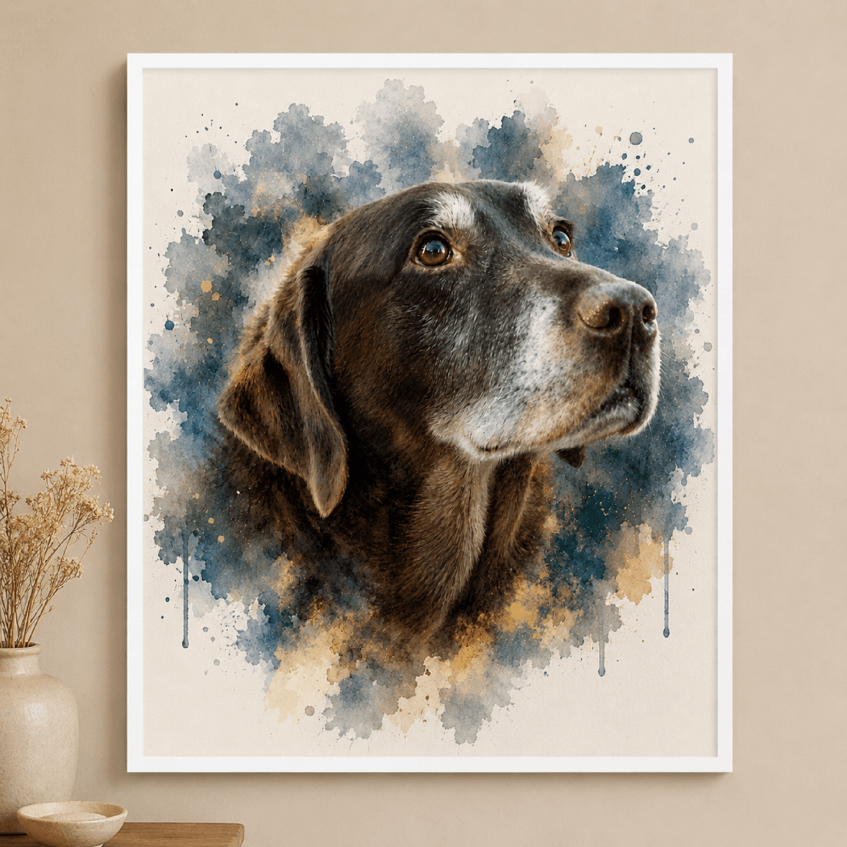 Custom watercolor style pet portrait poster featuring a labrador in a modern contemporary neutral aesthetic
