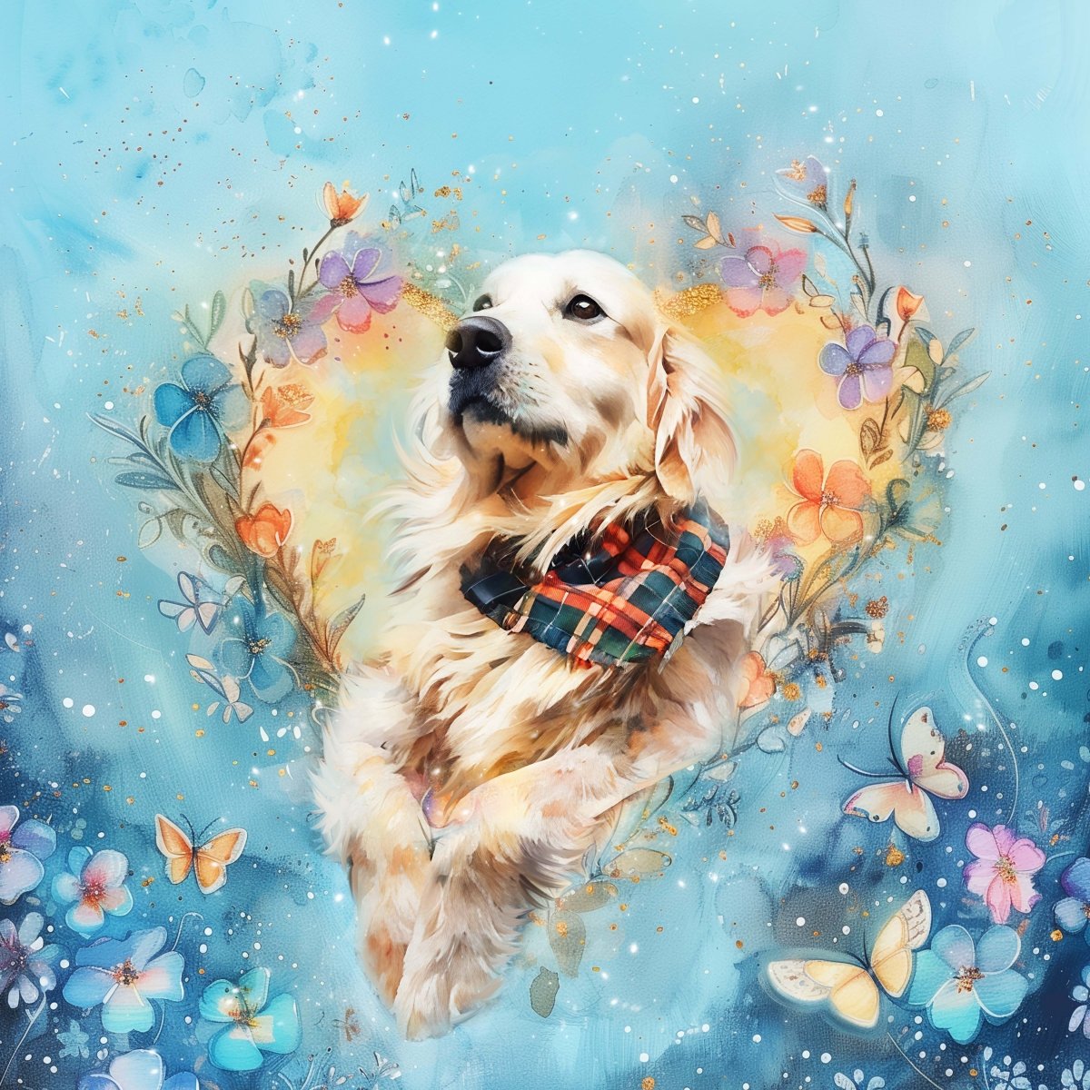 Custom watercolor style pet portrait featuring a golden retriever in a memorial "Eternal Heart" aesthetic