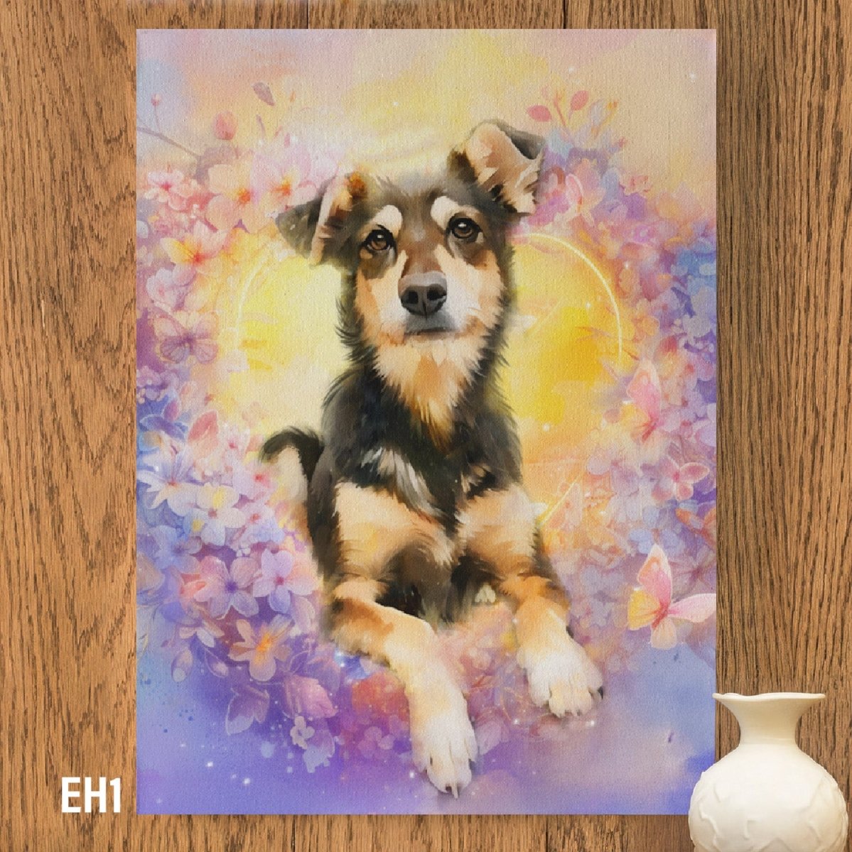 Custom watercolor style pet portrait canvas featuring a tricolor dog in a memorial "Eternal Heart" aesthetic