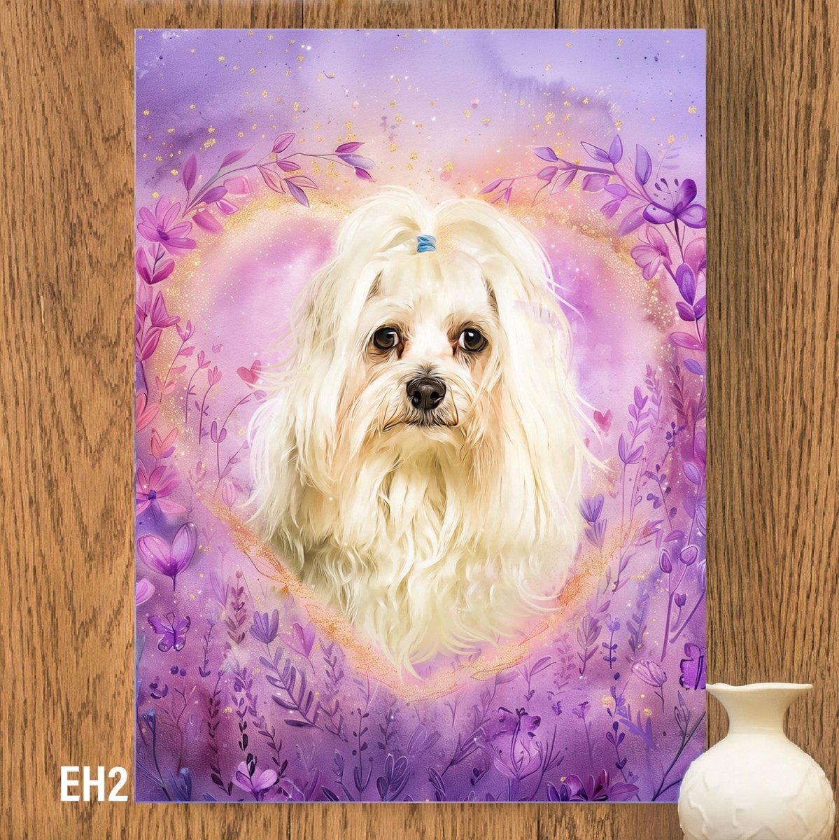 Custom watercolor style pet portrait poster featuring a maltese in a memorial 