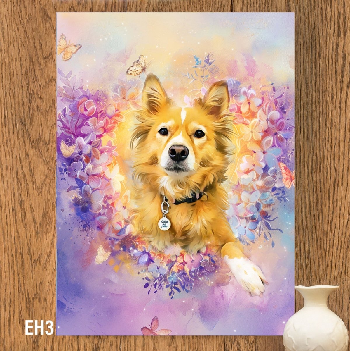 Custom watercolor style pet portrait featuring a brown dog in a memorial 