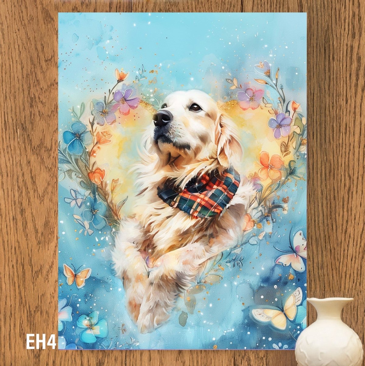 Custom watercolor style pet portrait poster featuring a golden retriever in a memorial 