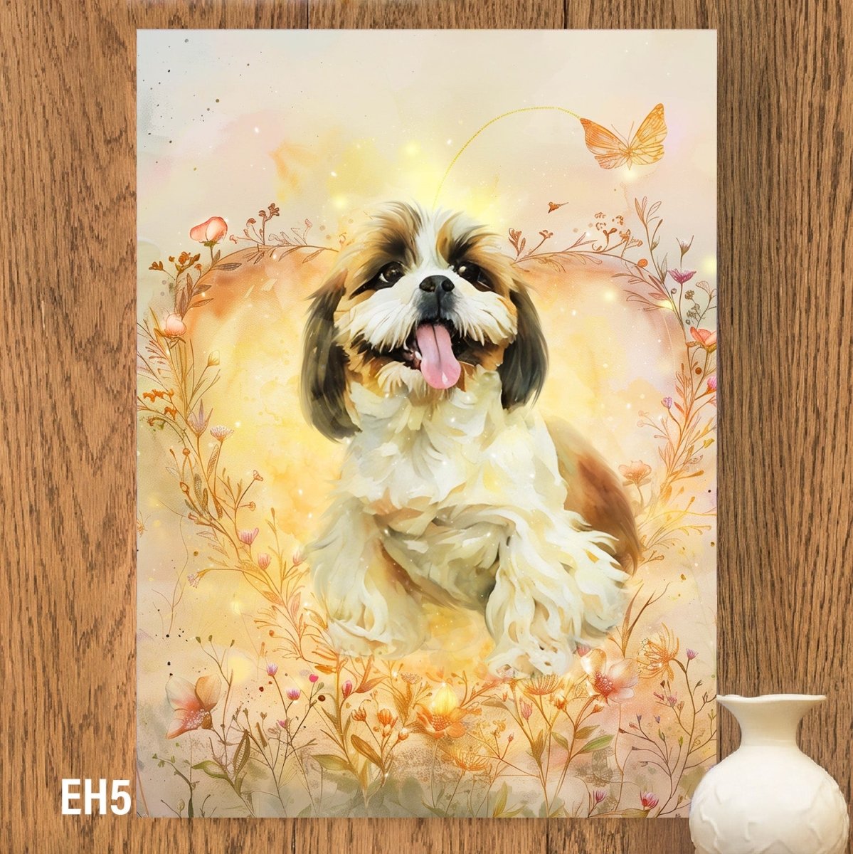 Custom watercolor style pet portrait poster featuring a Shih Tzu in a memorial 