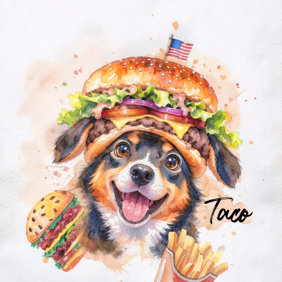 Custom watercolor style pet portrait  featuring a border collie in a fun burger design.
