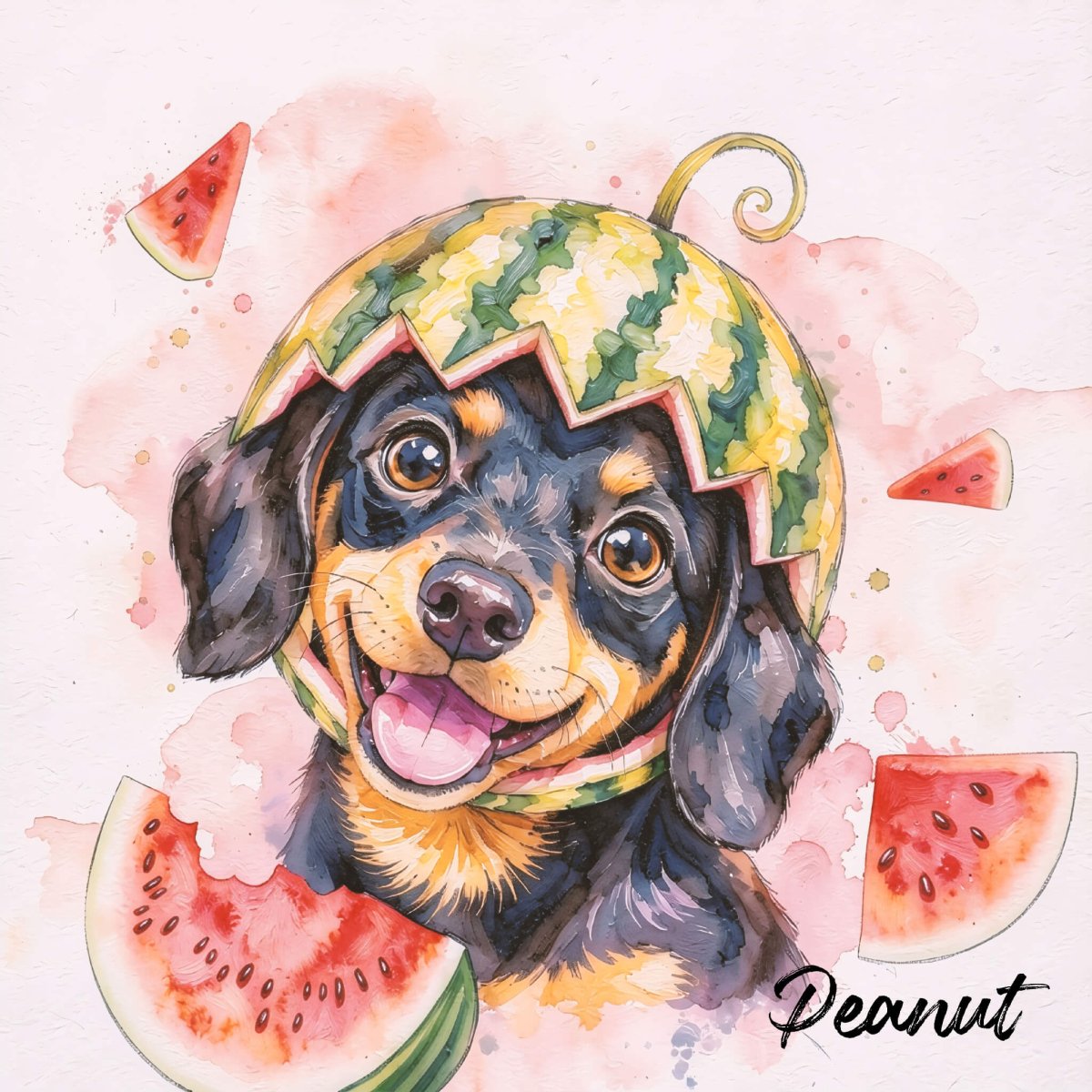 Custom watercolor style pet portrait  featuring a dachshund in a fun watermelon design.
