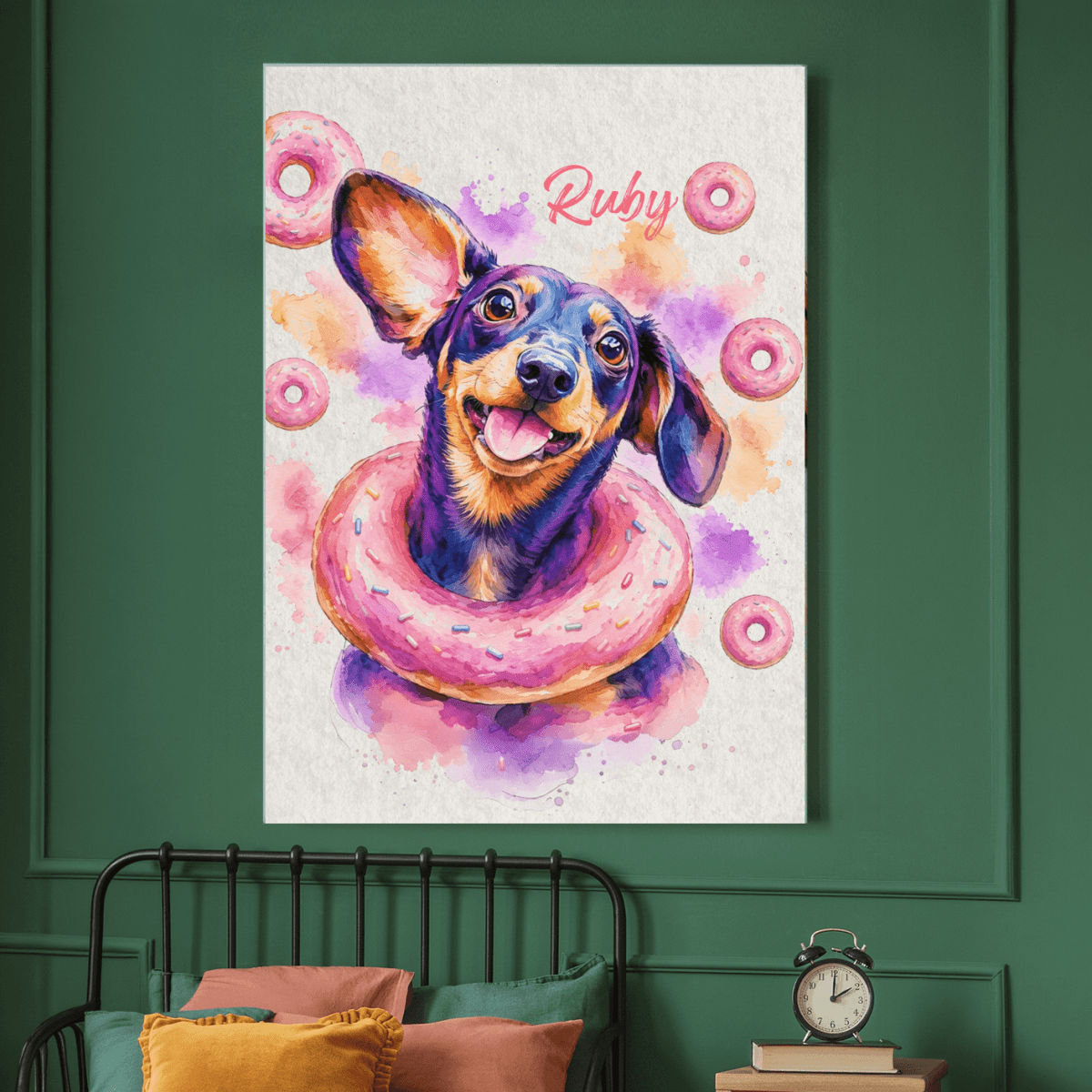 Custom watercolor style pet portrait poster featuring a dachshund in a fun donut design.