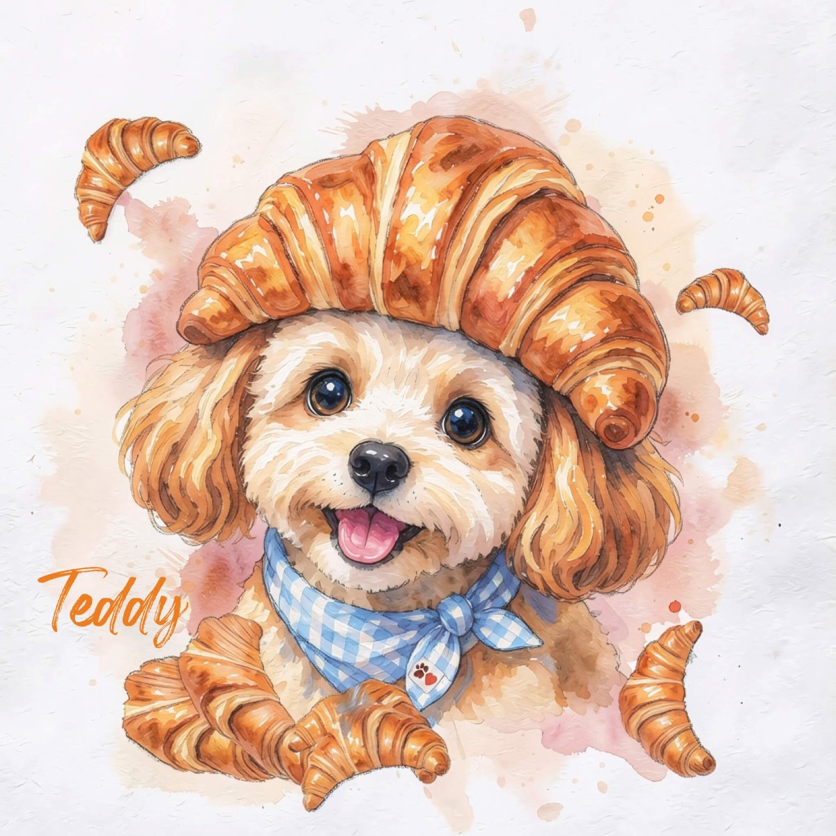 Custom watercolor style pet portrait  featuring a poodle in a fun croissant design.