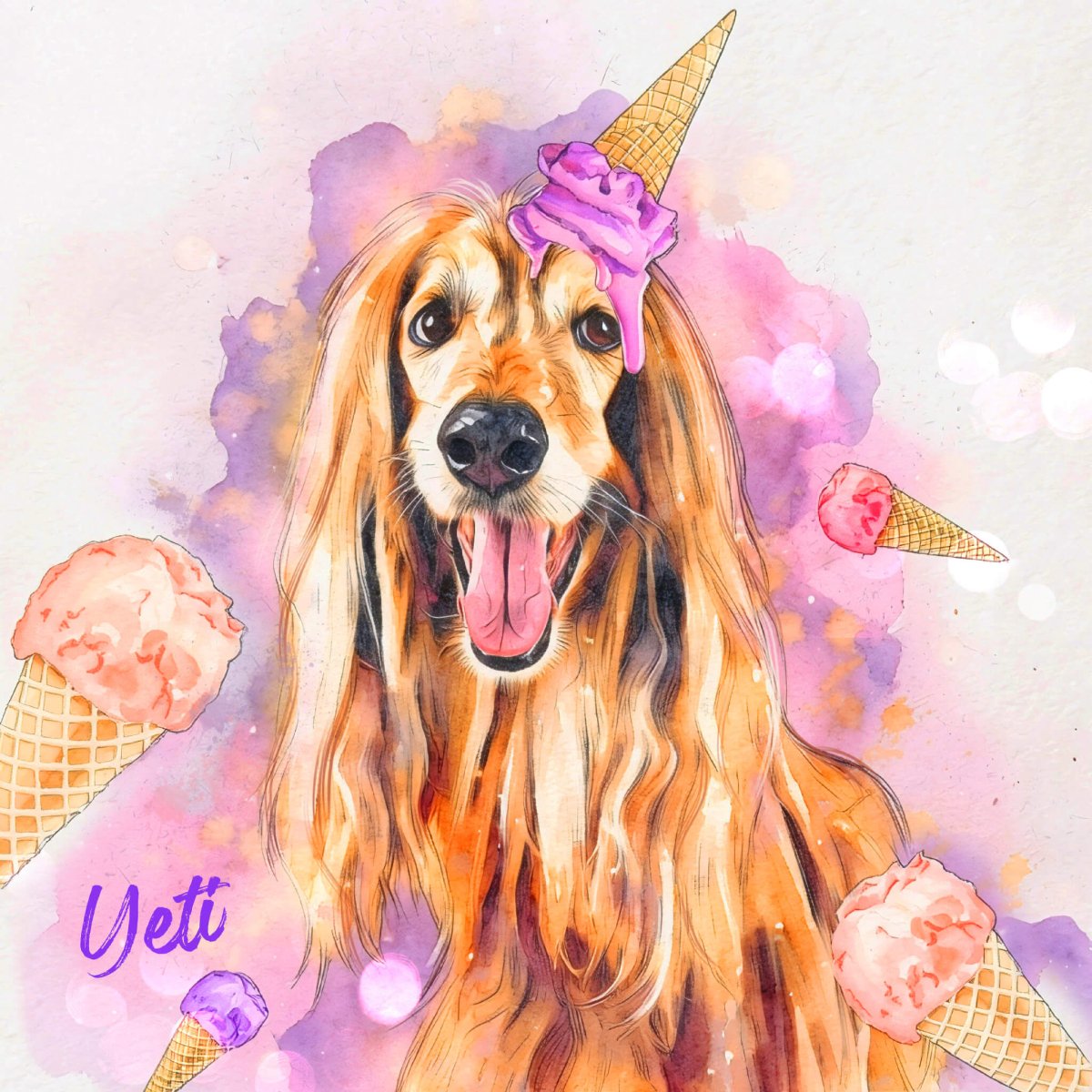 Custom watercolor style pet portrait featuring a Afghan Hound in a fun ice cream design.