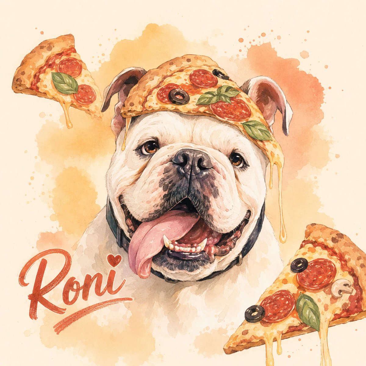 Custom watercolor style pet portrait  featuring a bulldog in a fun pizza design.