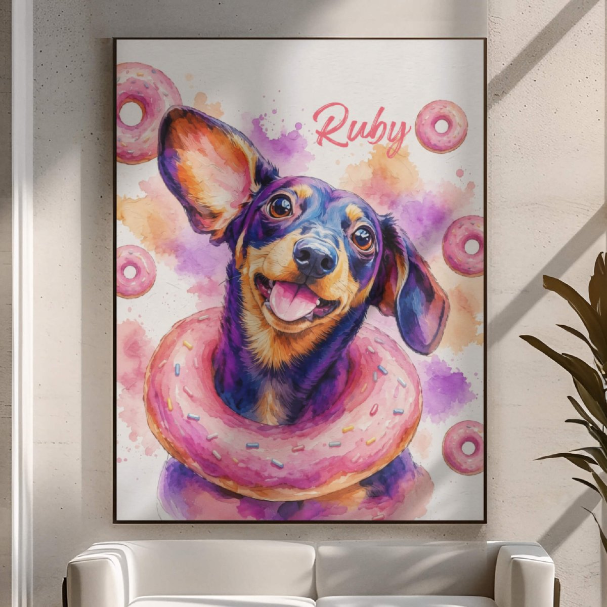 Custom watercolor style pet portrait poster featuring a dachshund in a fun donut design.
