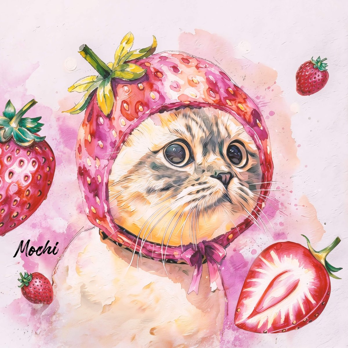 Custom watercolor style pet portrait  featuring a cat in a fun strawberries design.