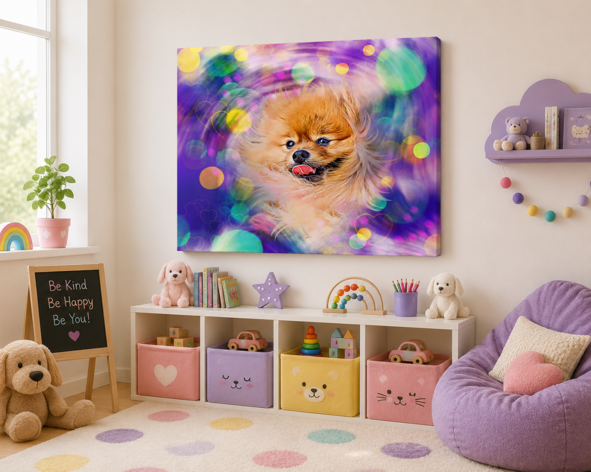 Custom watercolor style pet portrait canvas featuring a Pomeranian in bokeh and bubble design.