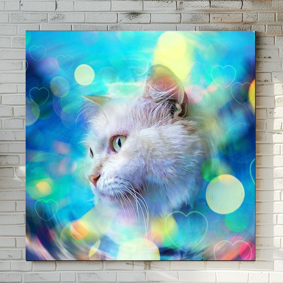 Custom watercolor style pet portrait poster featuring a white cat in bokeh and bubble design.