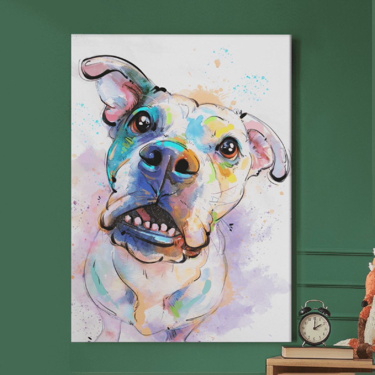 Custom watercolor style pet portrait canvas featuring a bulldog in a modern colorful pawpalette aesthetic.