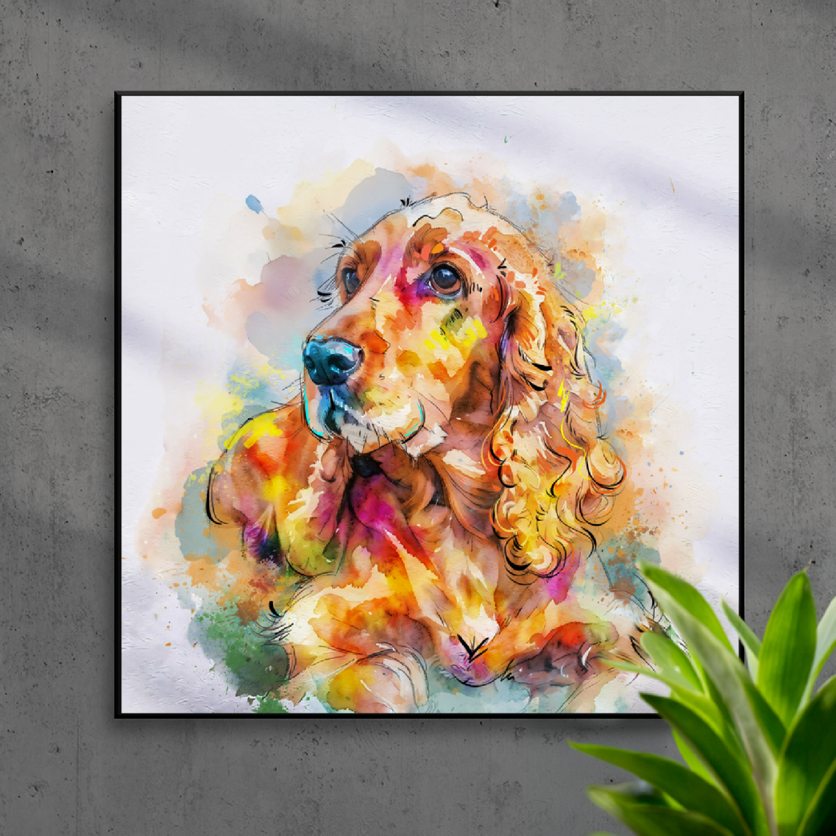 Custom watercolor style pet portrait poster featuring a golden retriever in a modern colorful pawpalette aesthetic.