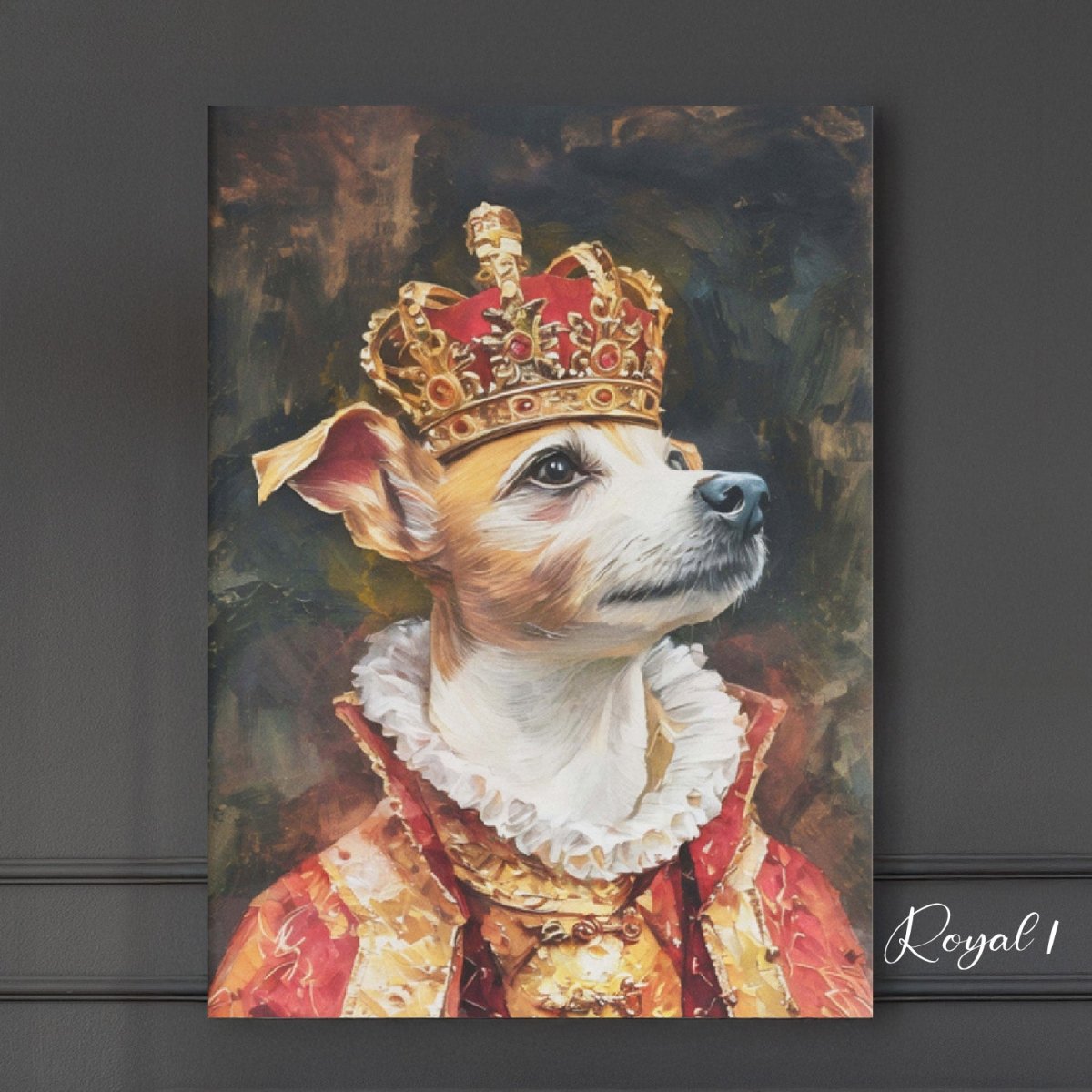 Custom watercolor style pet portrait poster featuring a terrier in a modern Pawtheon Royale aesthetic