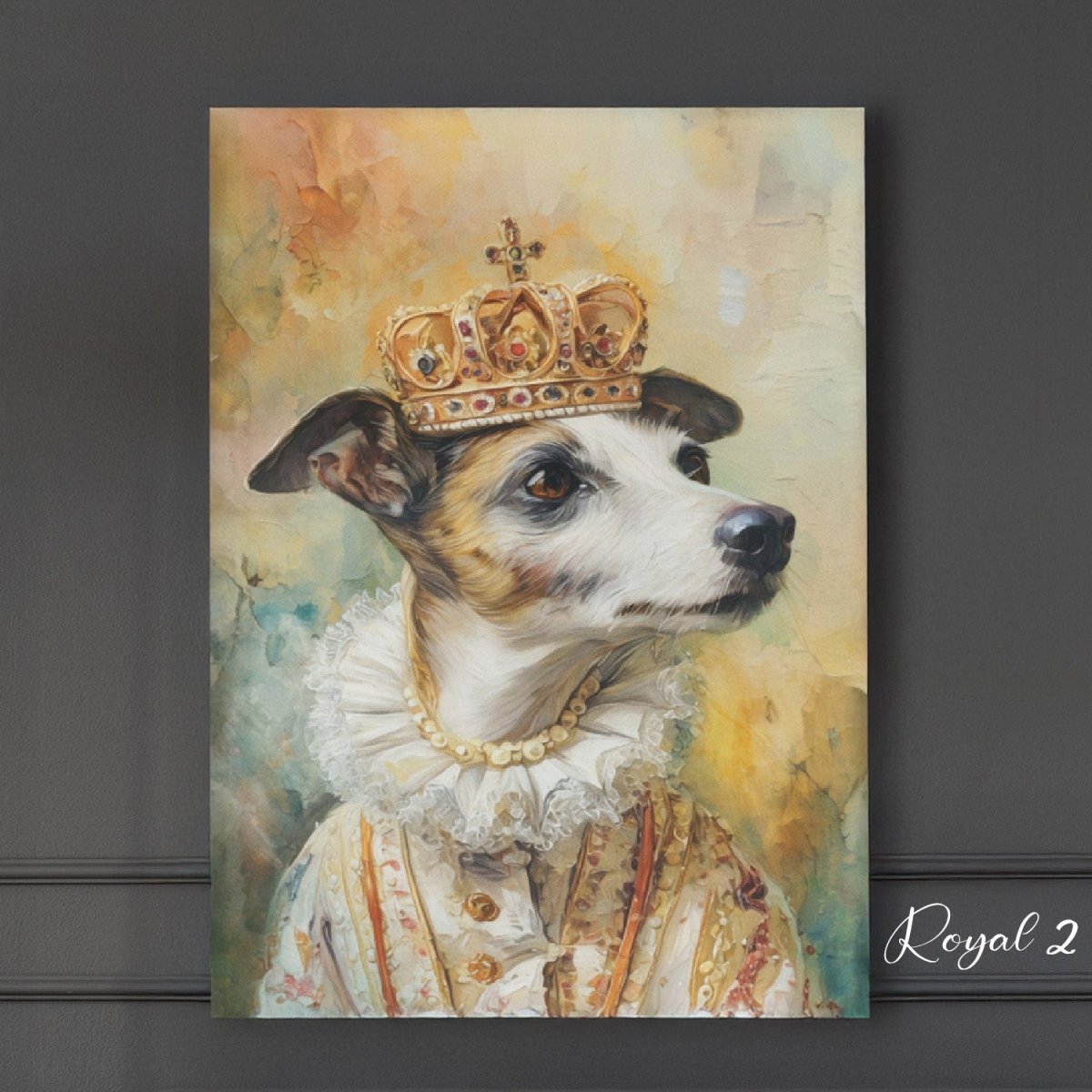 Custom watercolor style pet portrait poster featuring a dog in a modern Pawtheon Royale aesthetic