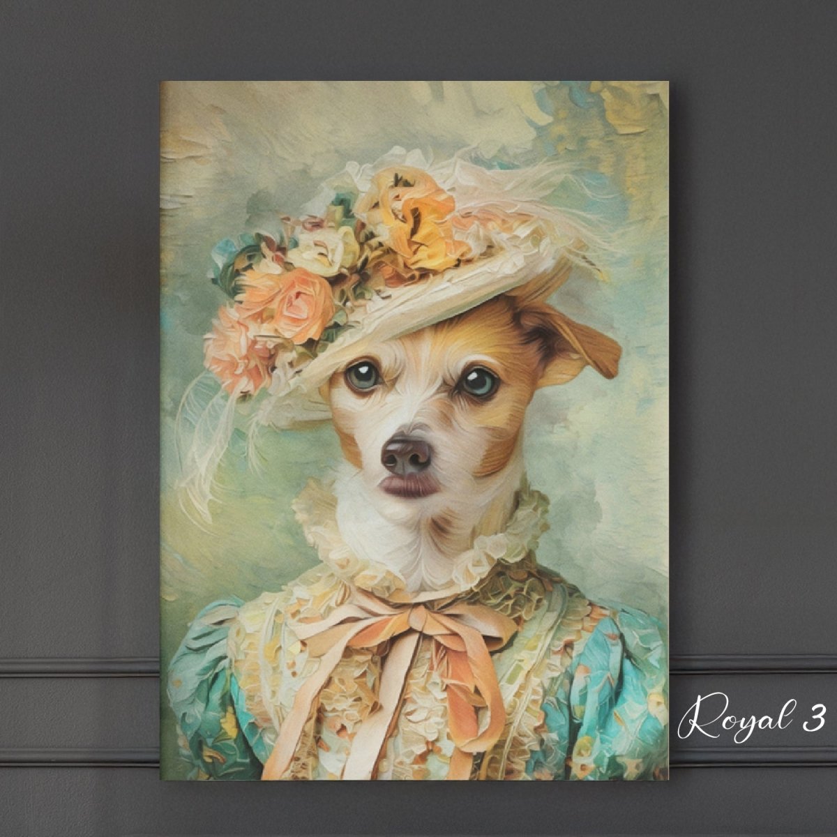 Custom watercolor style pet portrait poster featuring a chihuahua in a modern Pawtheon Royale aesthetic