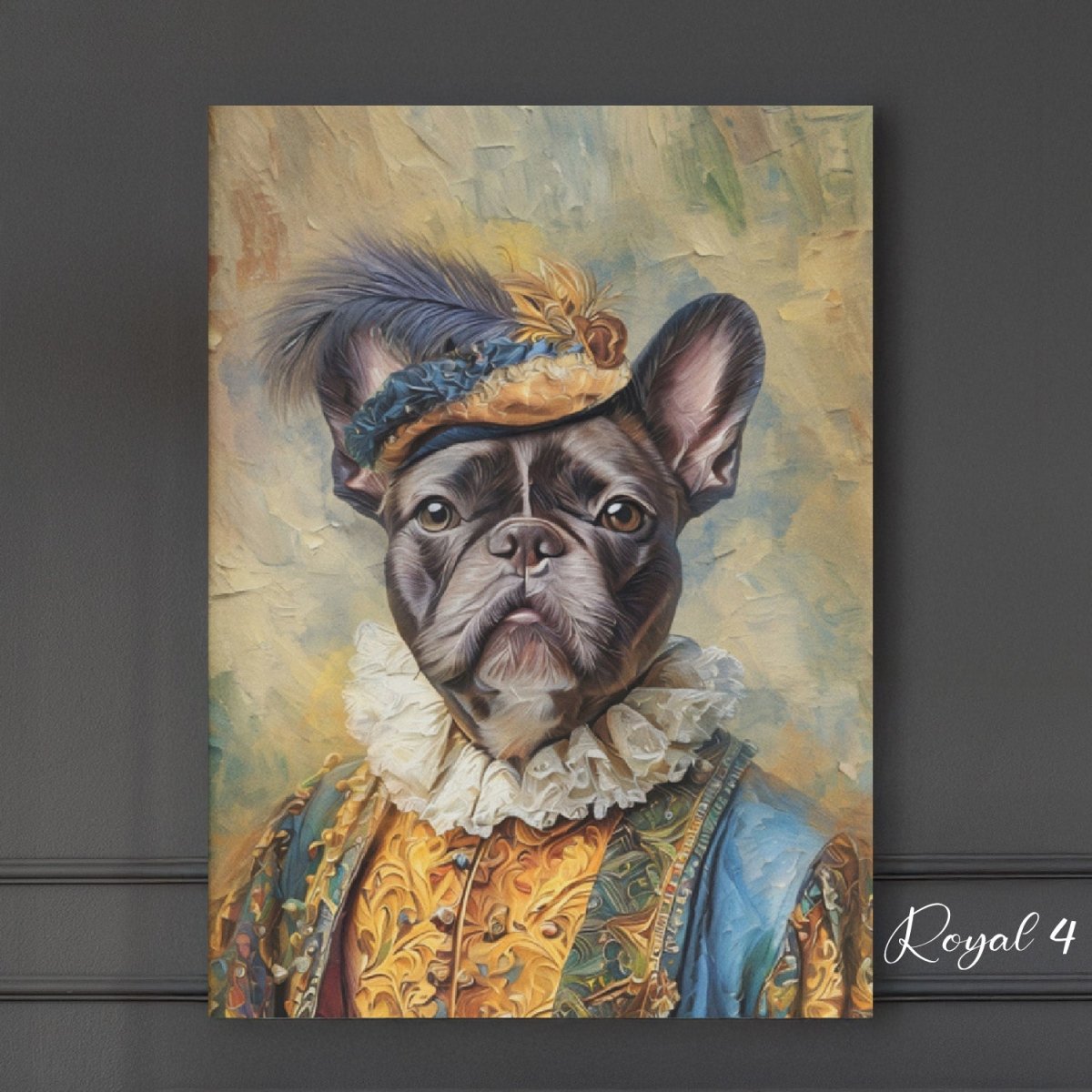 Custom watercolor style pet portrait poster featuring a Boston terrier in a modern Pawtheon Royale aesthetic