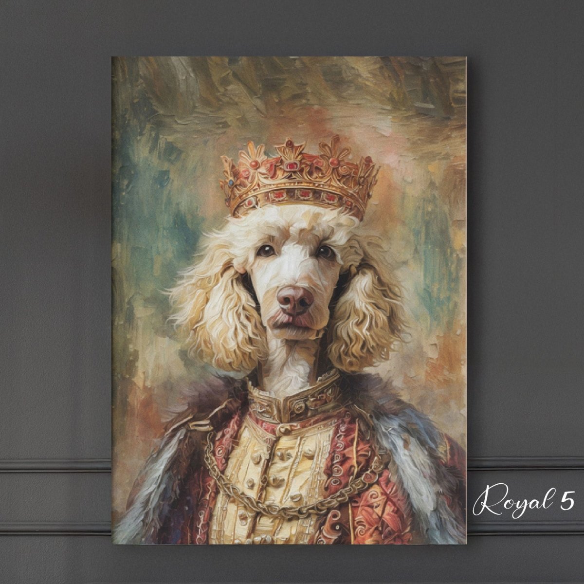 Custom watercolor style pet portrait poster featuring a poodle in a modern Pawtheon Royale aesthetic