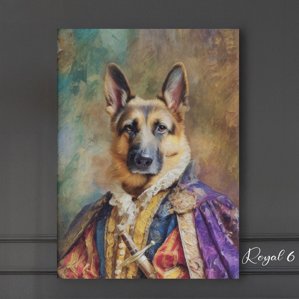 Custom watercolor style pet portrait poster featuring a German shepherd in a modern Pawtheon Royale aesthetic