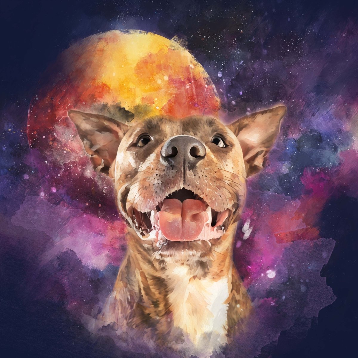 Custom watercolor style pet portrait featuring a bull dog in a fantasy Pet Galaxy aesthetic.