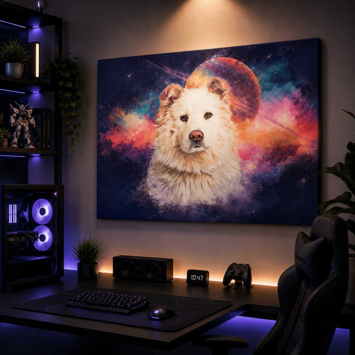 Custom watercolor style pet portrait canvas featuring a sheepdog in a fantasy Pet Galaxy aesthetic.