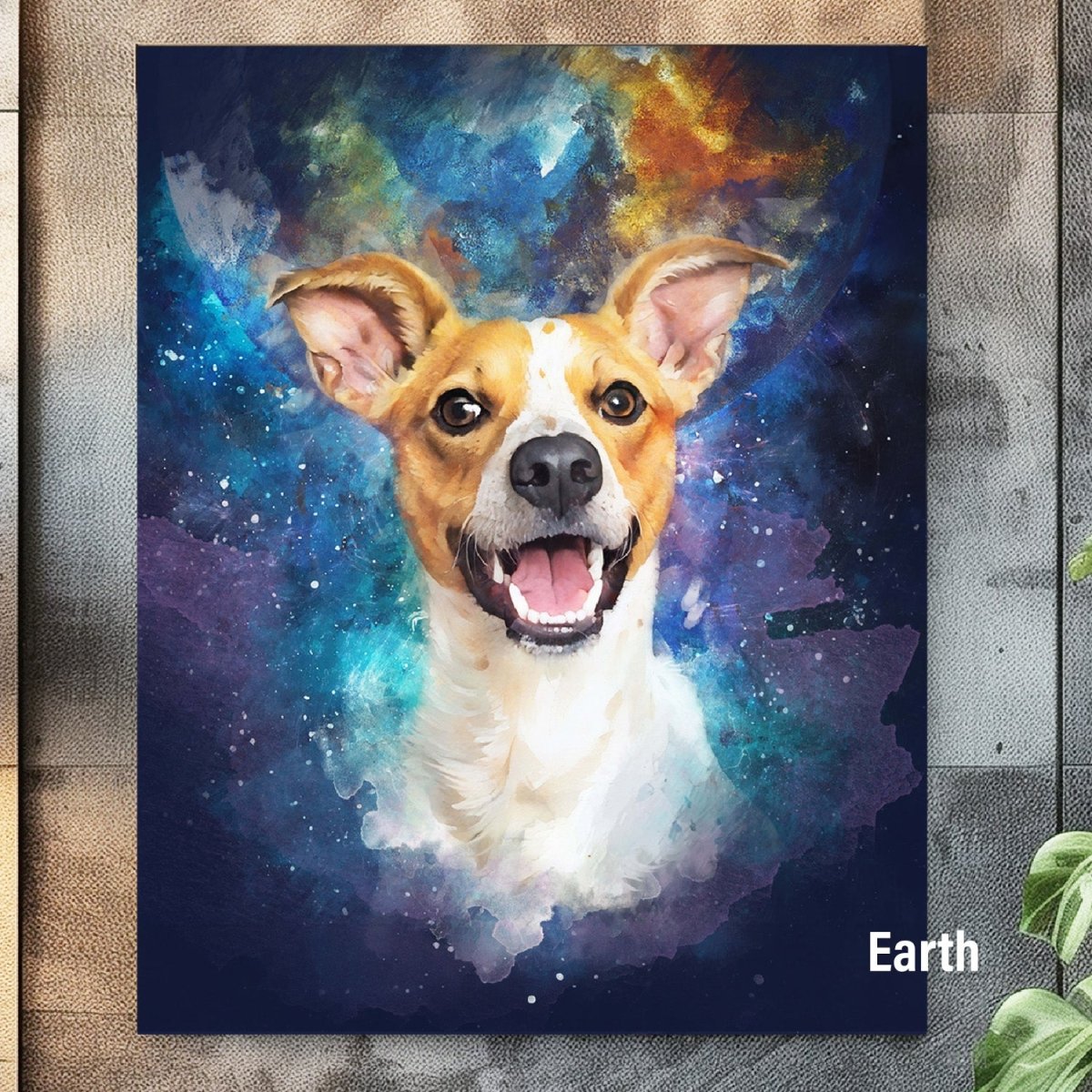 Custom watercolor style pet portrait poster featuring a terrier in a fantasy Earth aesthetic.