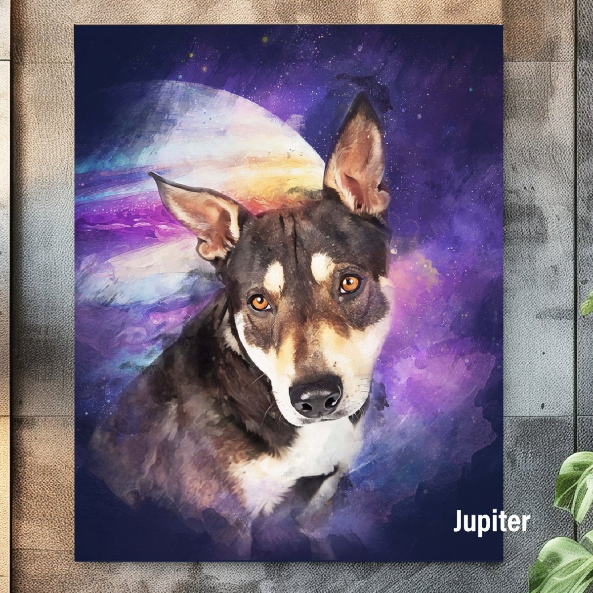 Custom watercolor style pet portrait poster featuring a mixed-breed in a fantasy Jupiter aesthetic.