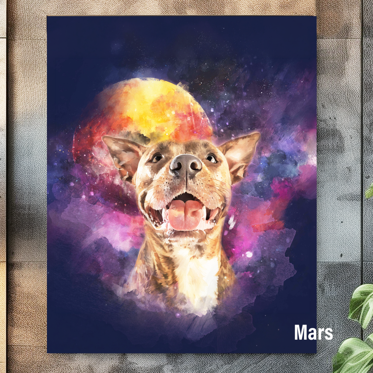 Custom watercolor style pet portrait poster featuring a bulldog in a fantasy Mars aesthetic.