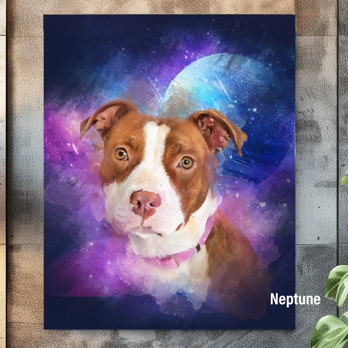 Custom watercolor style pet portrait poster featuring a bulldog in a fantasy Neptune aesthetic.
