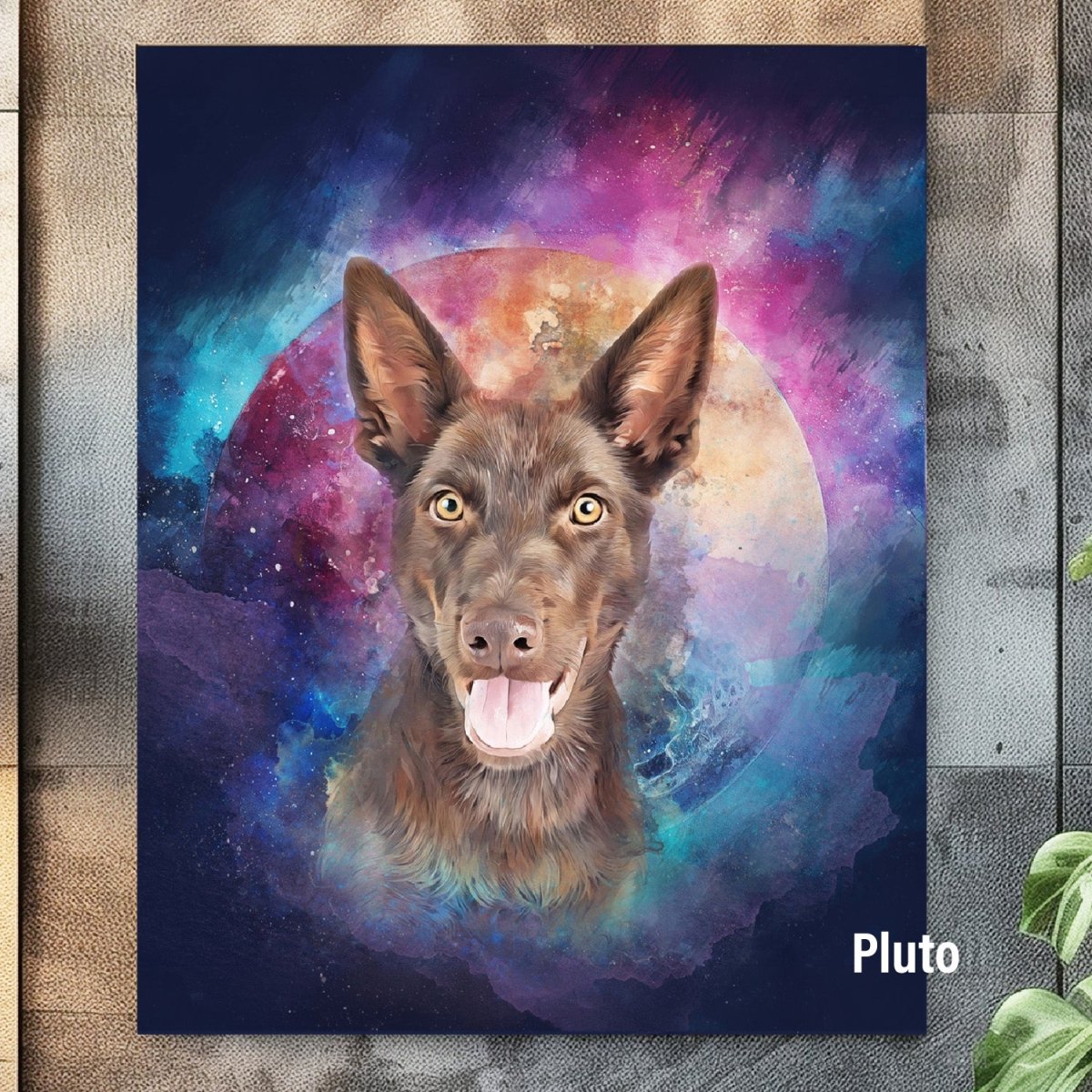 Custom watercolor style pet portrait poster featuring a mixed-breed in a fantasy Pluto aesthetic.