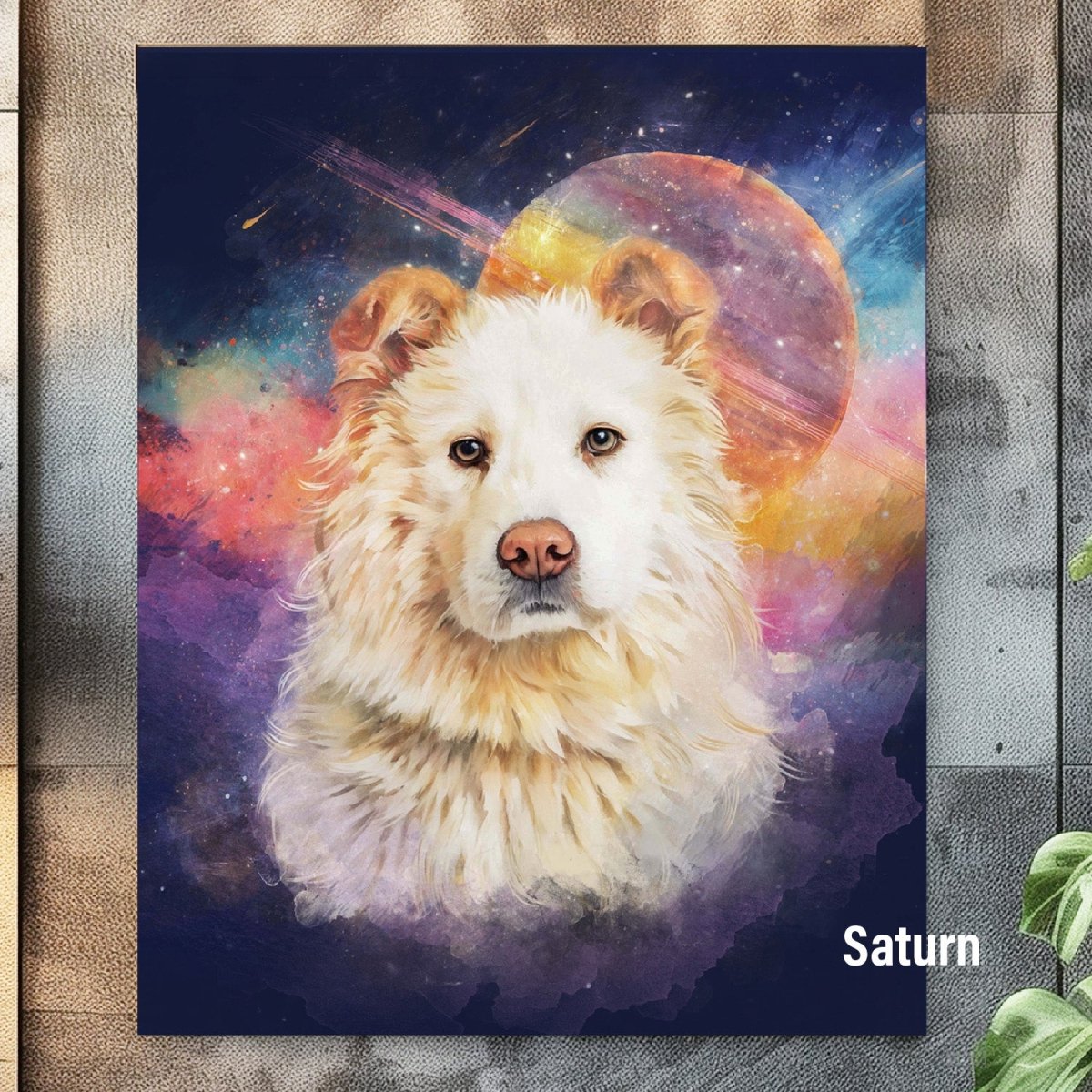 Custom watercolor style pet portrait poster featuring a sheepdog in a fantasy Saturn aesthetic.