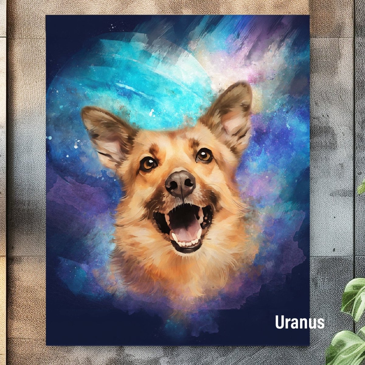 Custom watercolor style pet portrait poster featuring a dog in a fantasy Uranus aesthetic.