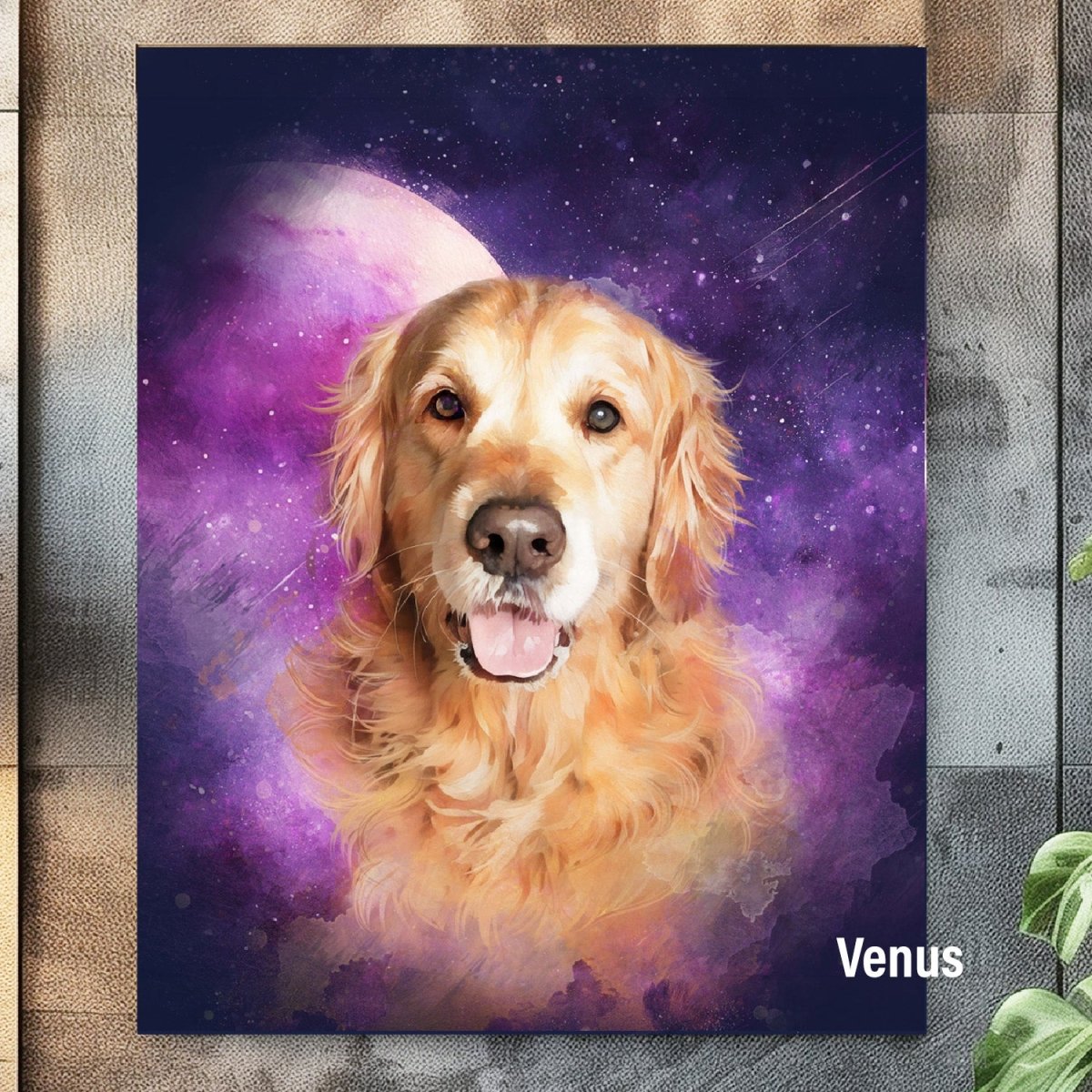 Custom watercolor style pet portrait poster featuring a golden retriever in a fantasy Venus aesthetic.