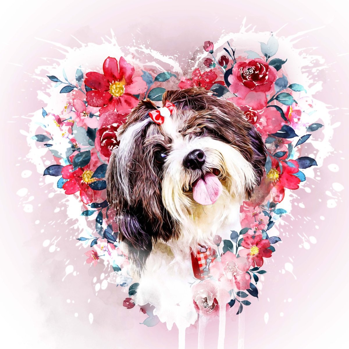 Custom watercolor style pet portrait poster featuring a maltese in a modern floral with heart design.