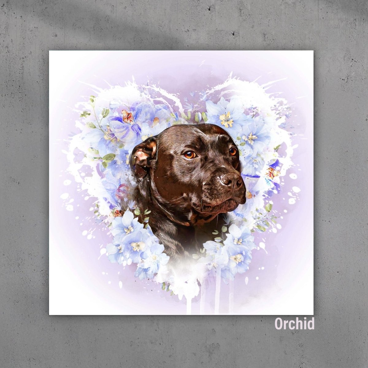 Custom watercolor style pet portrait poster featuring a bulldog in a modern floral orchid with heart design.